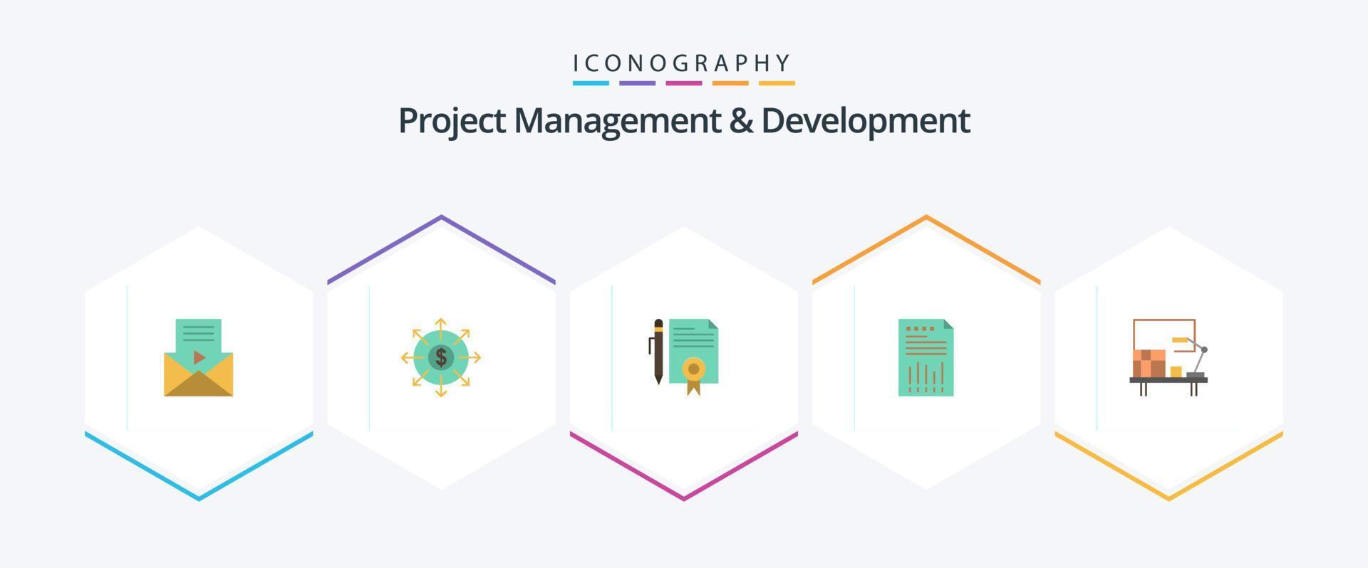 Project Management And Development 25 Flat icon pack including graph. data. legal. business. page vector