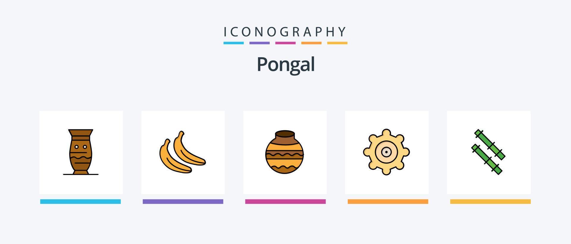 La línea pongal llenó el paquete de 5 íconos, incluido el dulce. indio. hola postre. bol. diseño de iconos creativos vector