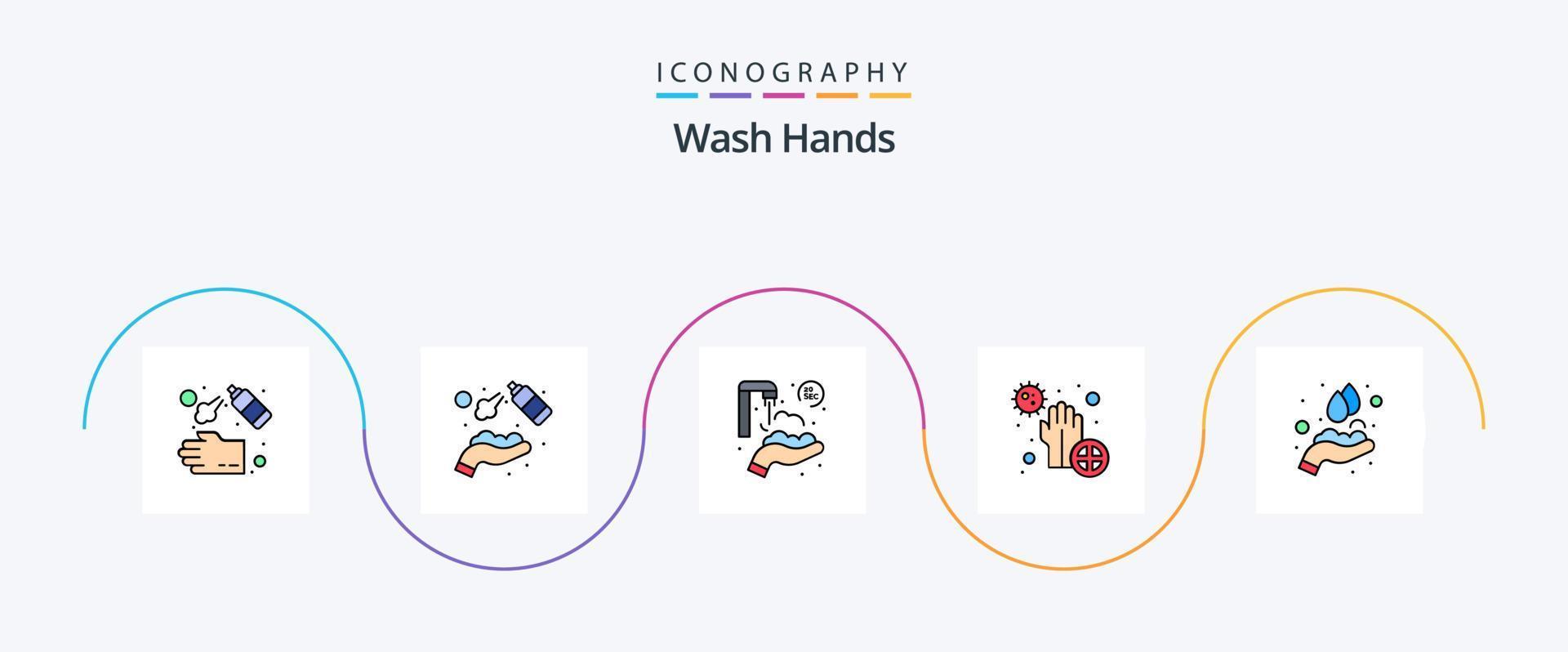 lavarse las manos, línea llena de paquete de iconos planos 5, incluidas las manos. sucio. lavar. COVID-19. manos vector
