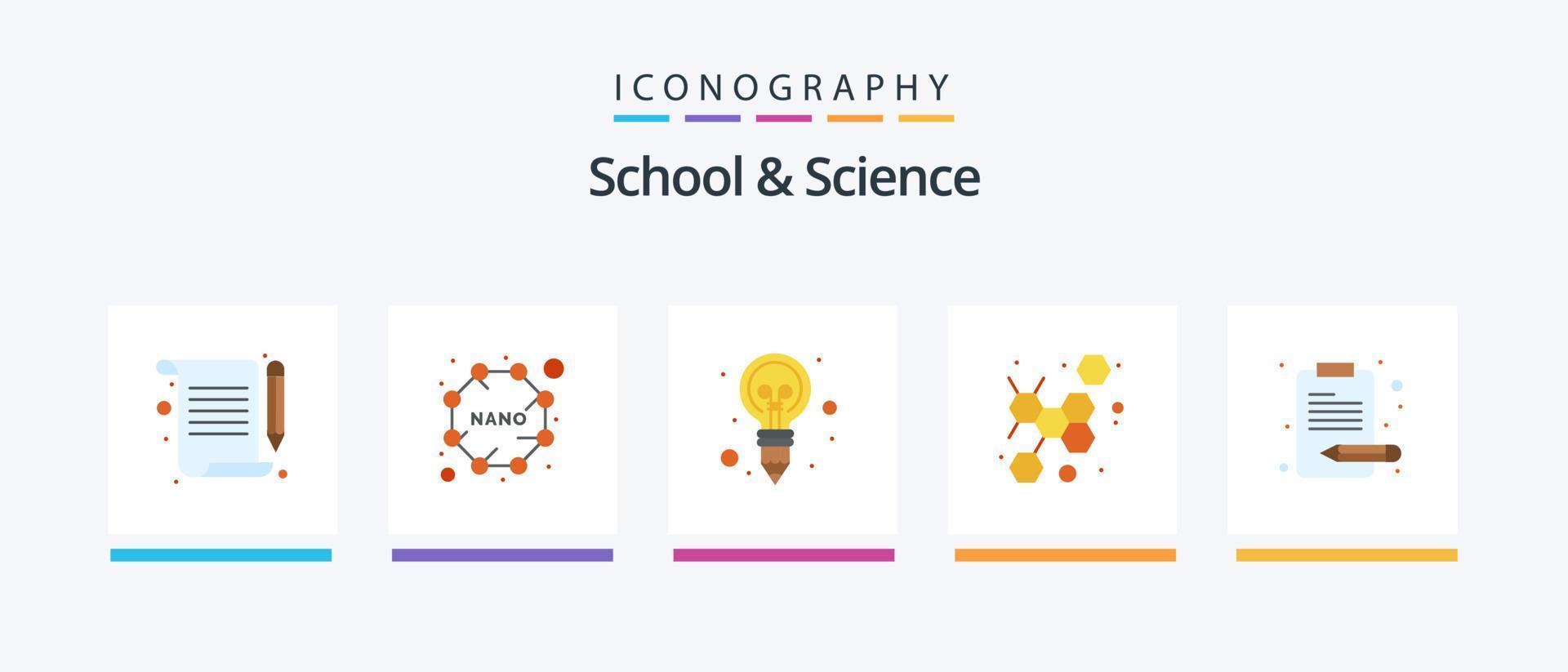 School And Science Flat 5 Icon Pack Including content. bulb. science. atom. Creative Icons Design vector
