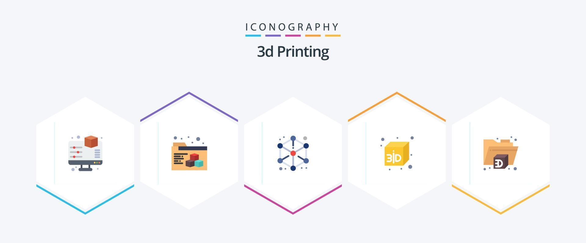 Paquete de 25 iconos planos de impresión 3d que incluye carpeta. 3d. d modelado al cubo. cubo. d vector