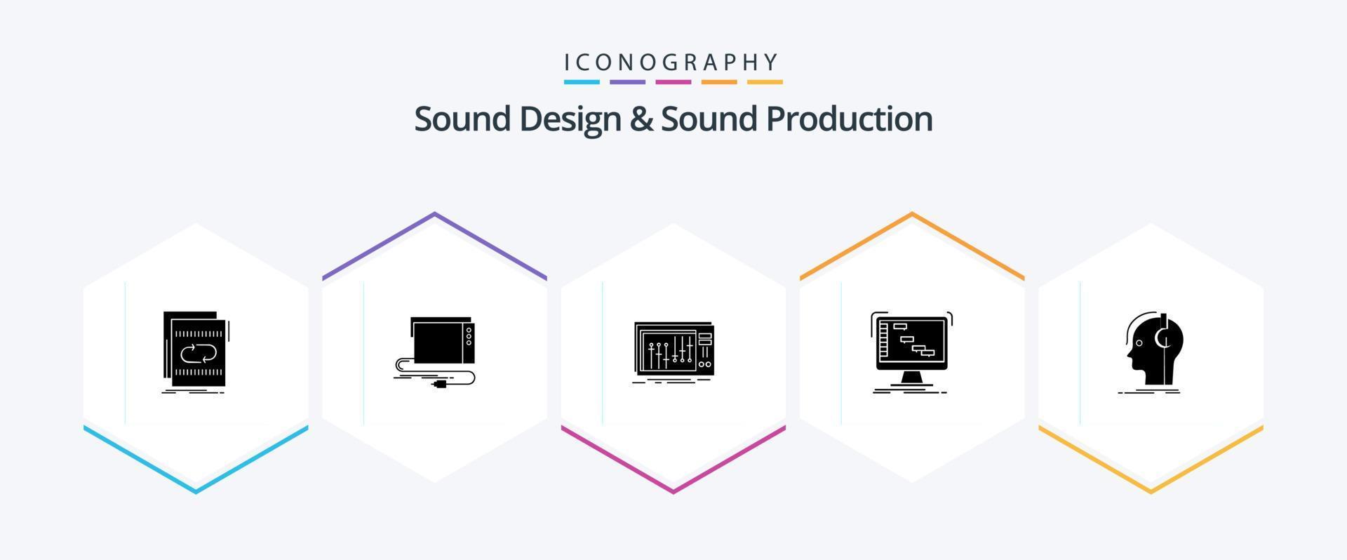 Sound Design And Sound Production 25 Glyph icon pack including daw. ableton. interface. studio. mixer vector