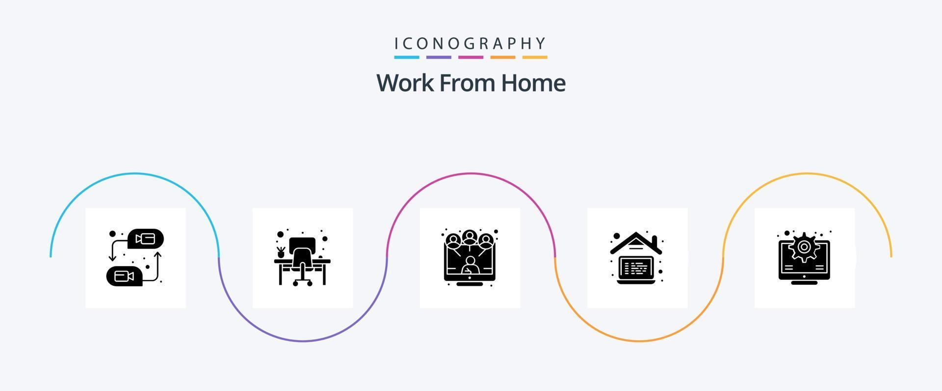 Work From Home Glyph 5 Icon Pack Including employee. laptop. workplace. home. sharing vector