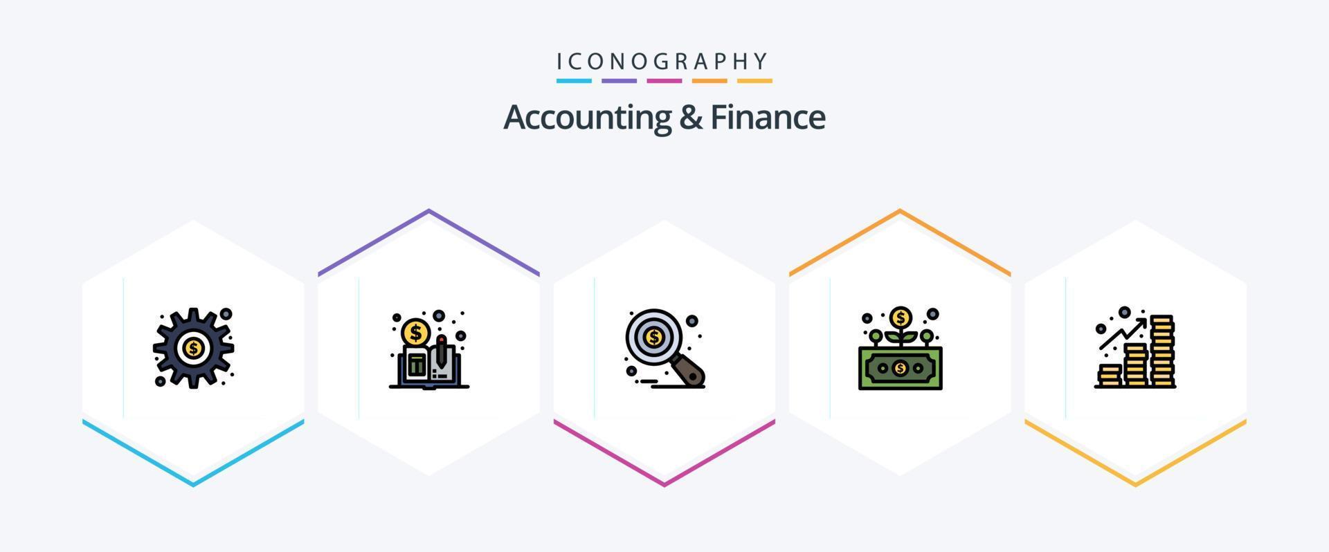 paquete de iconos de 25 líneas completas de contabilidad y finanzas que incluye ganancias. crecer. investigación. finanzas. negocio vector