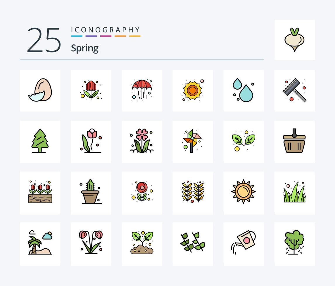 Spring 25 Line Filled icon pack including rake. droop. umbrella. water. weather vector