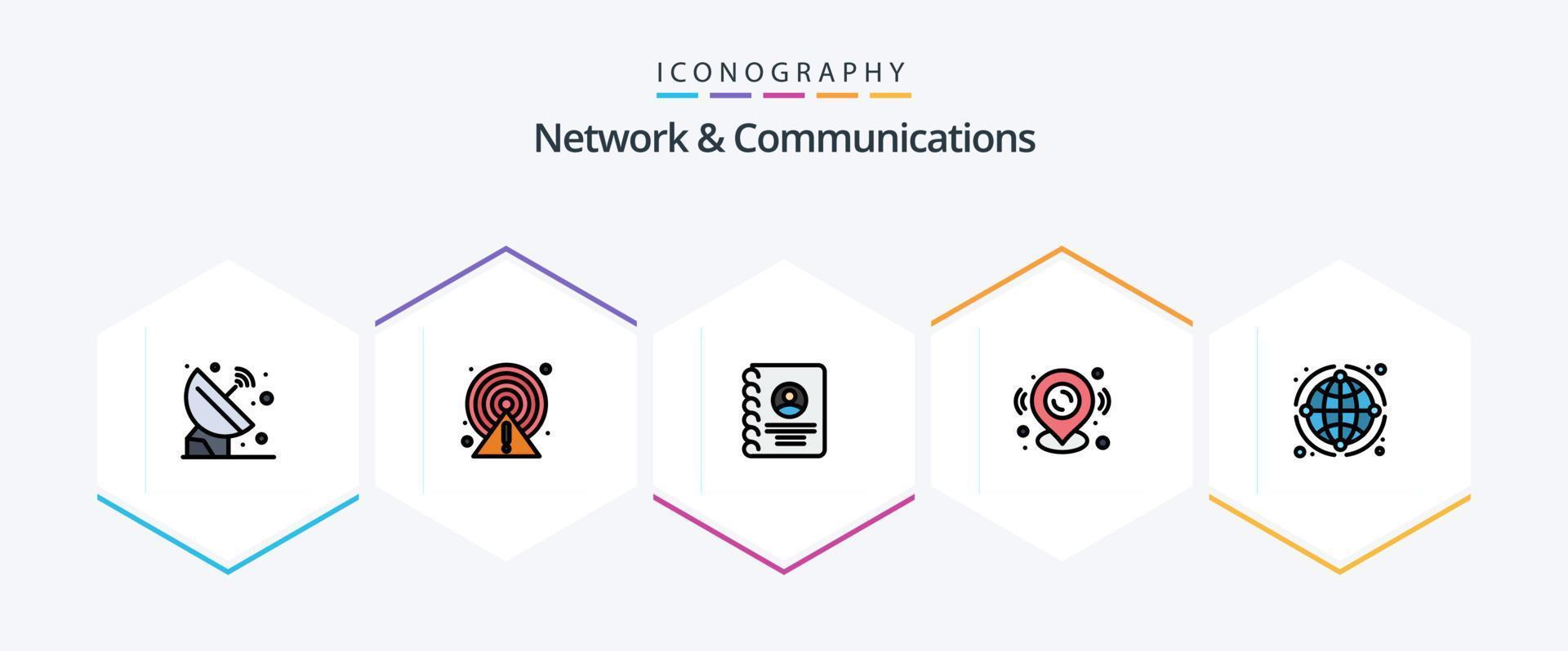 paquete de iconos de 25 líneas completas de red y comunicaciones que incluye globo. ubicación. punto. mapa. teléfono vector