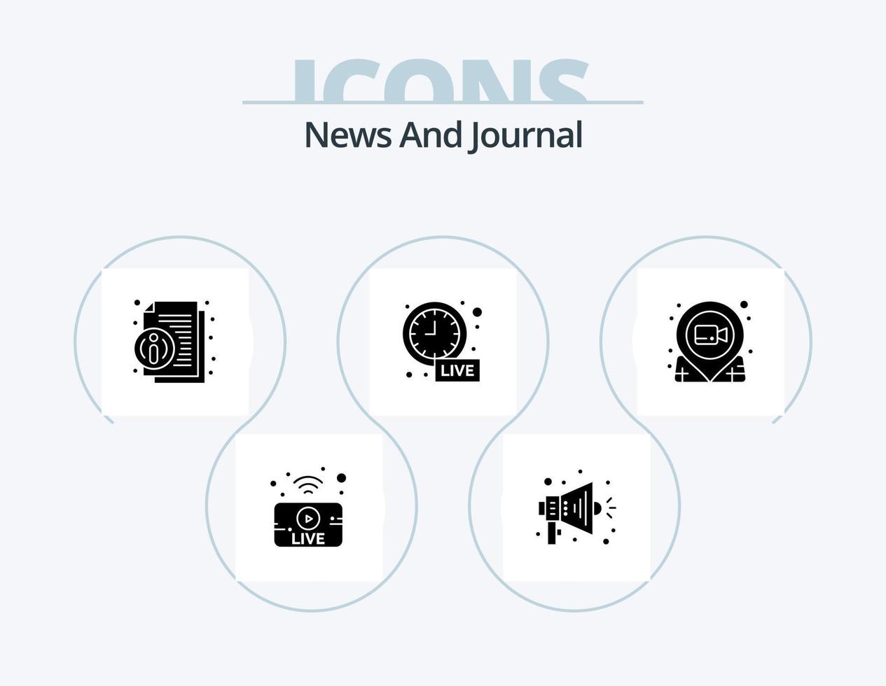 News Glyph Icon Pack 5 Icon Design. movie. film. info. live update. clock vector