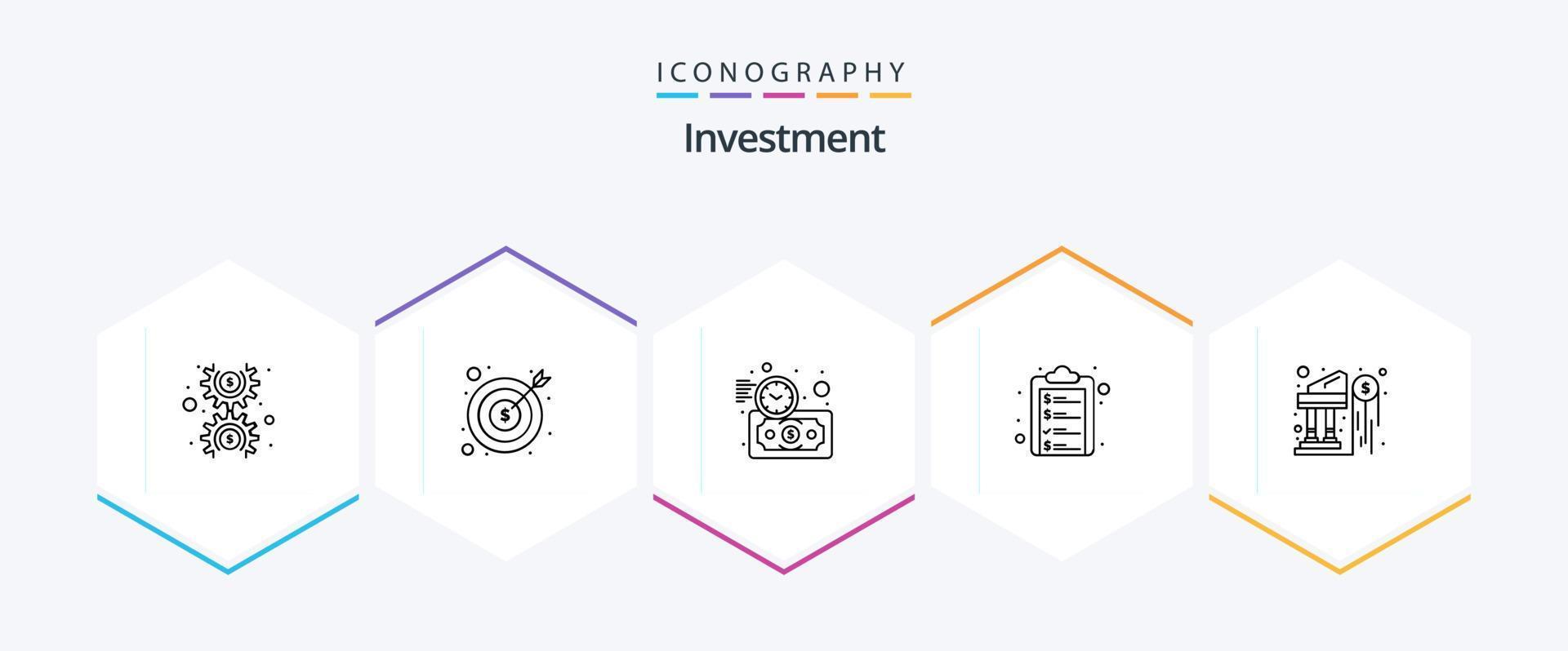 paquete de iconos de inversión de 25 líneas, incluido el banco. lista. dinero. portapapeles. tiempo vector