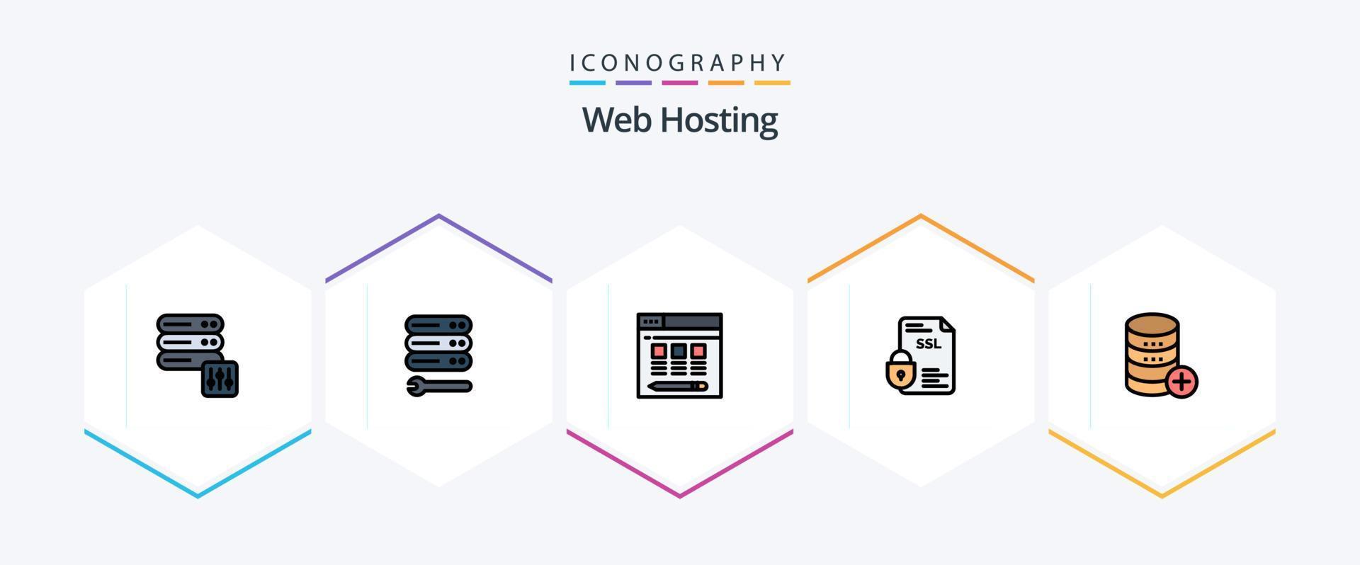 paquete de iconos de 25 líneas completas de alojamiento web que incluye sal. base de datos. servidor. SSL documento vector