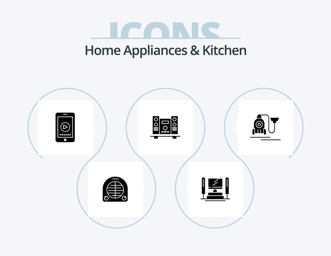 Home Appliances And Kitchen Glyph Icon Pack 5 Icon Design. kitchen. vedio. server. play. phone vector