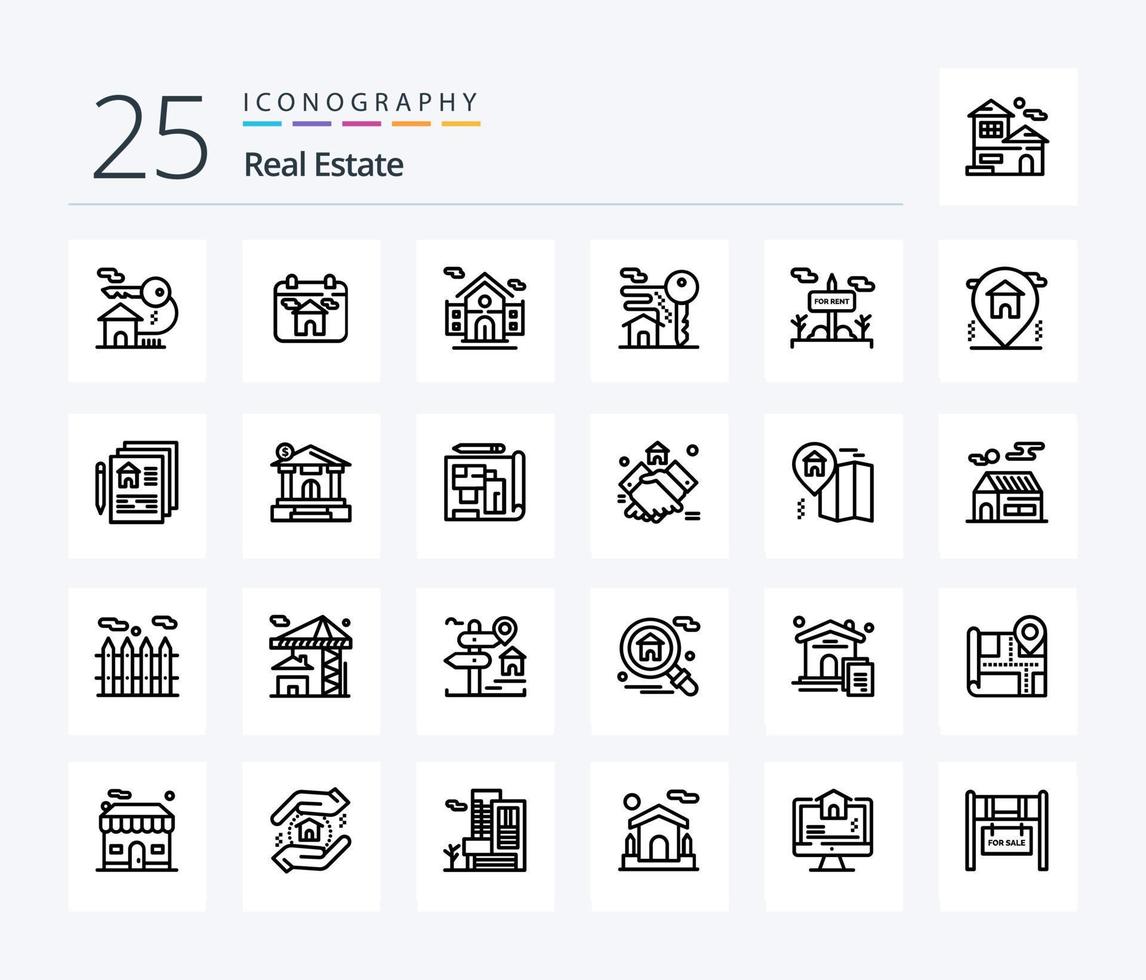 paquete de iconos de 25 líneas de bienes raíces que incluye habitación. hogar . hogar . bienes raíces vector