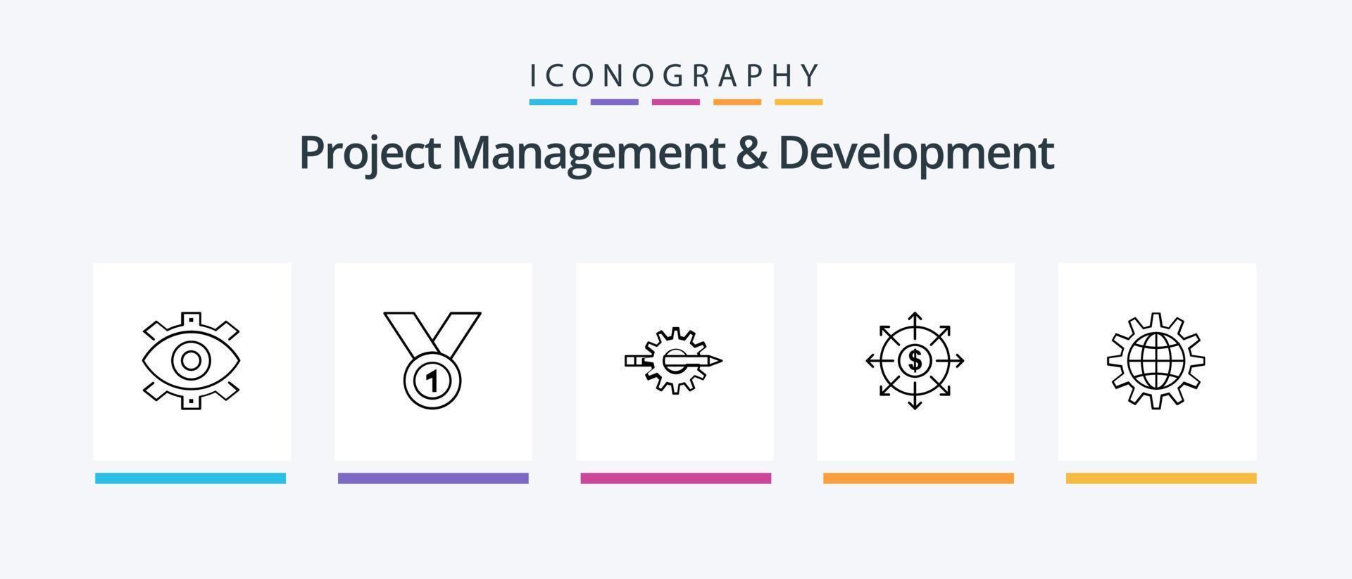 Project Management And Development Line 5 Icon Pack Including production. eye. innovation. cash. banking. Creative Icons Design vector