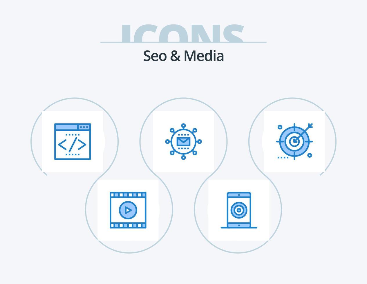 seo y media blue icon pack 5 diseño de iconos. promoción. medios de comunicación. actuación. correo. posicionamiento web vector