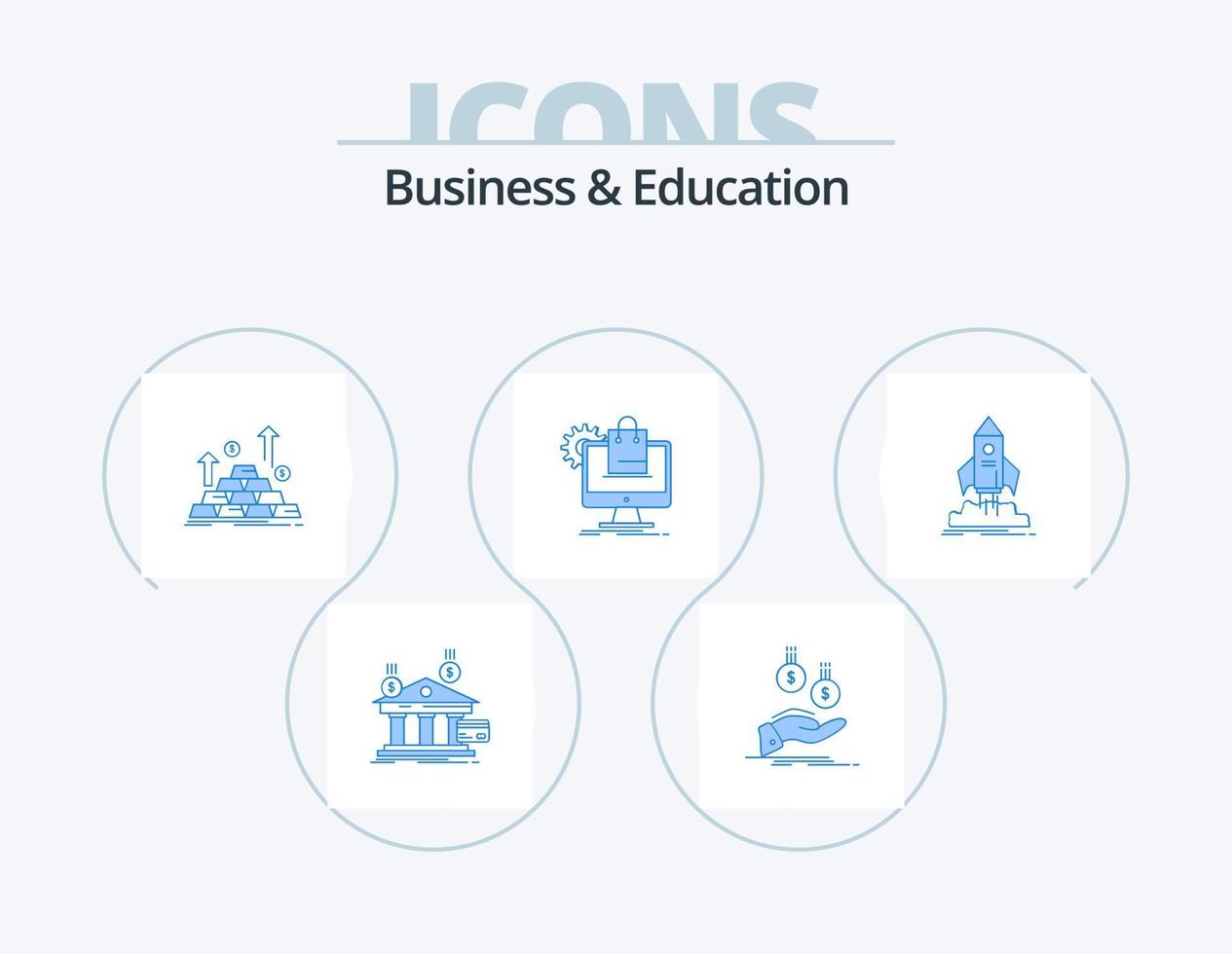 diseño de iconos del paquete de iconos azules de negocios y educación 5. comercio electrónico compras. pago. crecimiento. dinero vector