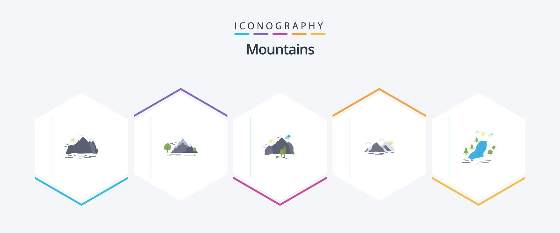 montañas 25 paquete de iconos planos que incluye dolor. cascada. montaña. noche. paisaje vector