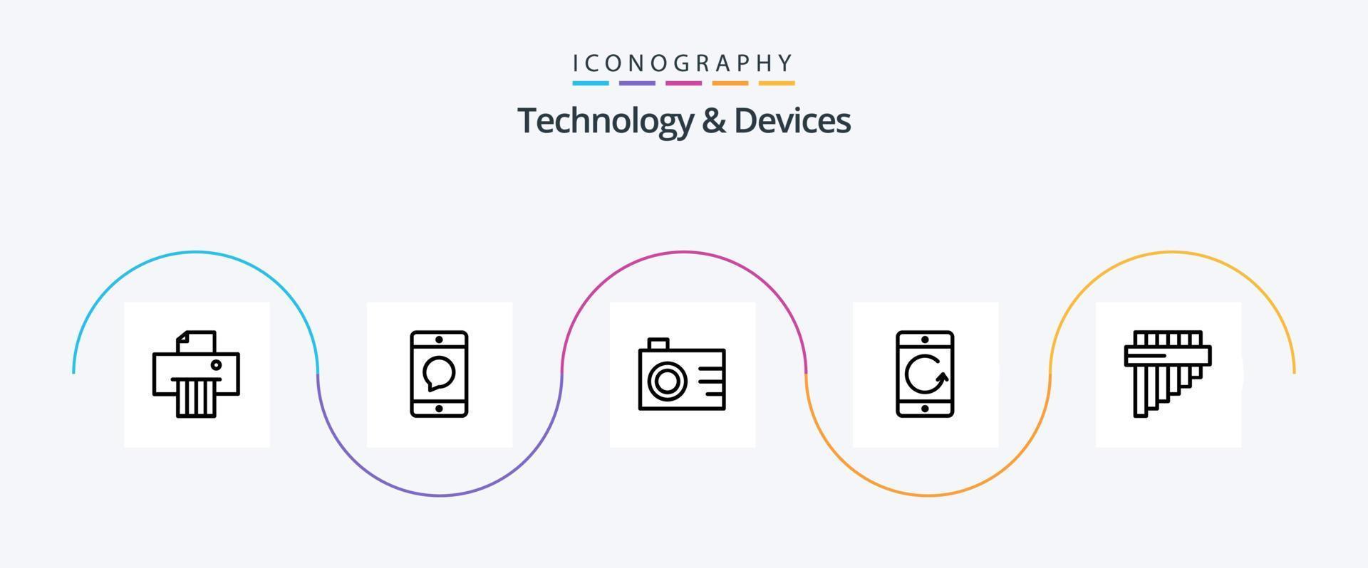 paquete de iconos de la línea 5 de dispositivos que incluye el instrumento. móvil. cámara. dispositivos. Teléfono móvil vector