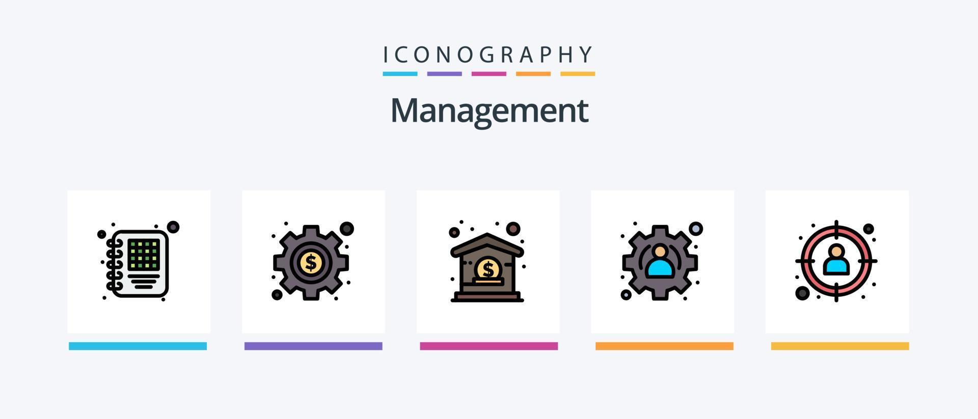 la línea de administración llenó el paquete de 5 íconos que incluye . gestión. computadora portátil. contenido. gestión. diseño de iconos creativos vector