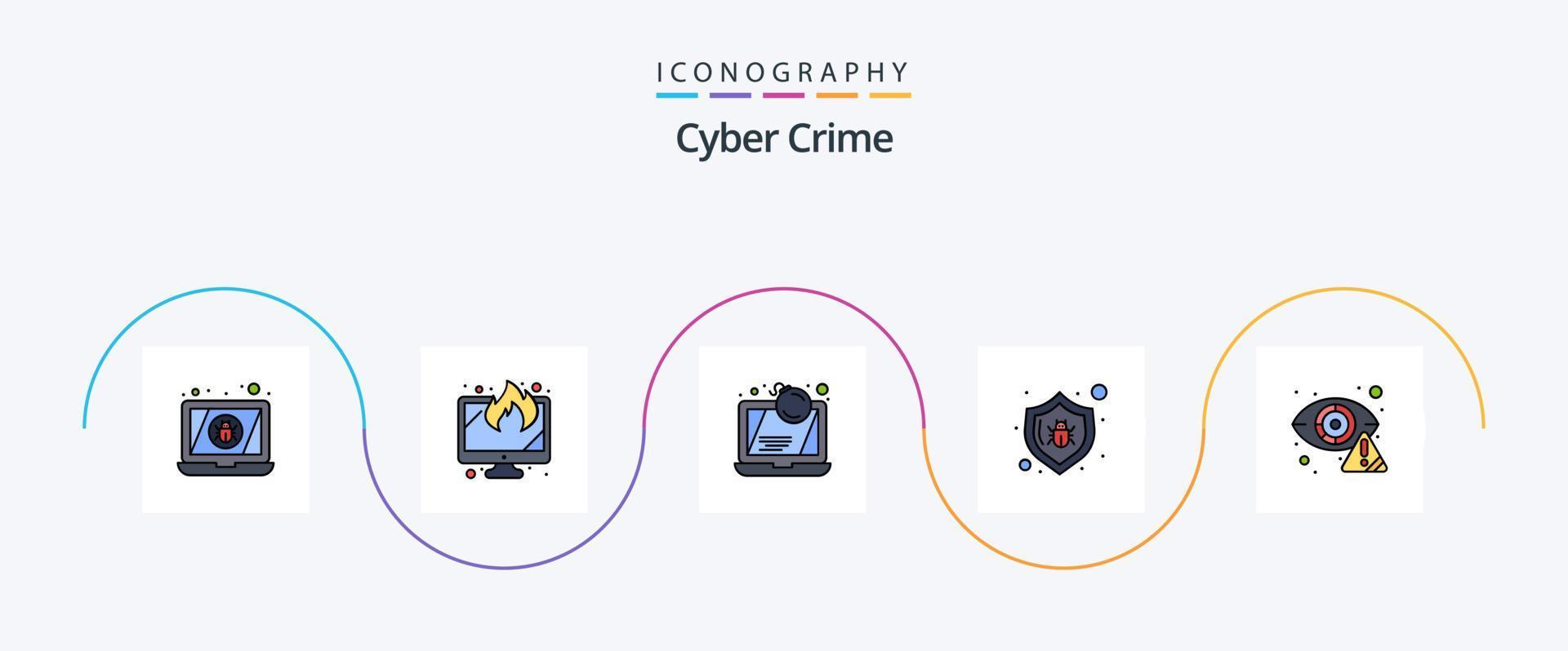 la línea de delitos cibernéticos llenó el paquete de iconos planos 5 que incluye seguridad. bicho. ataque. antivirus computadora portátil vector