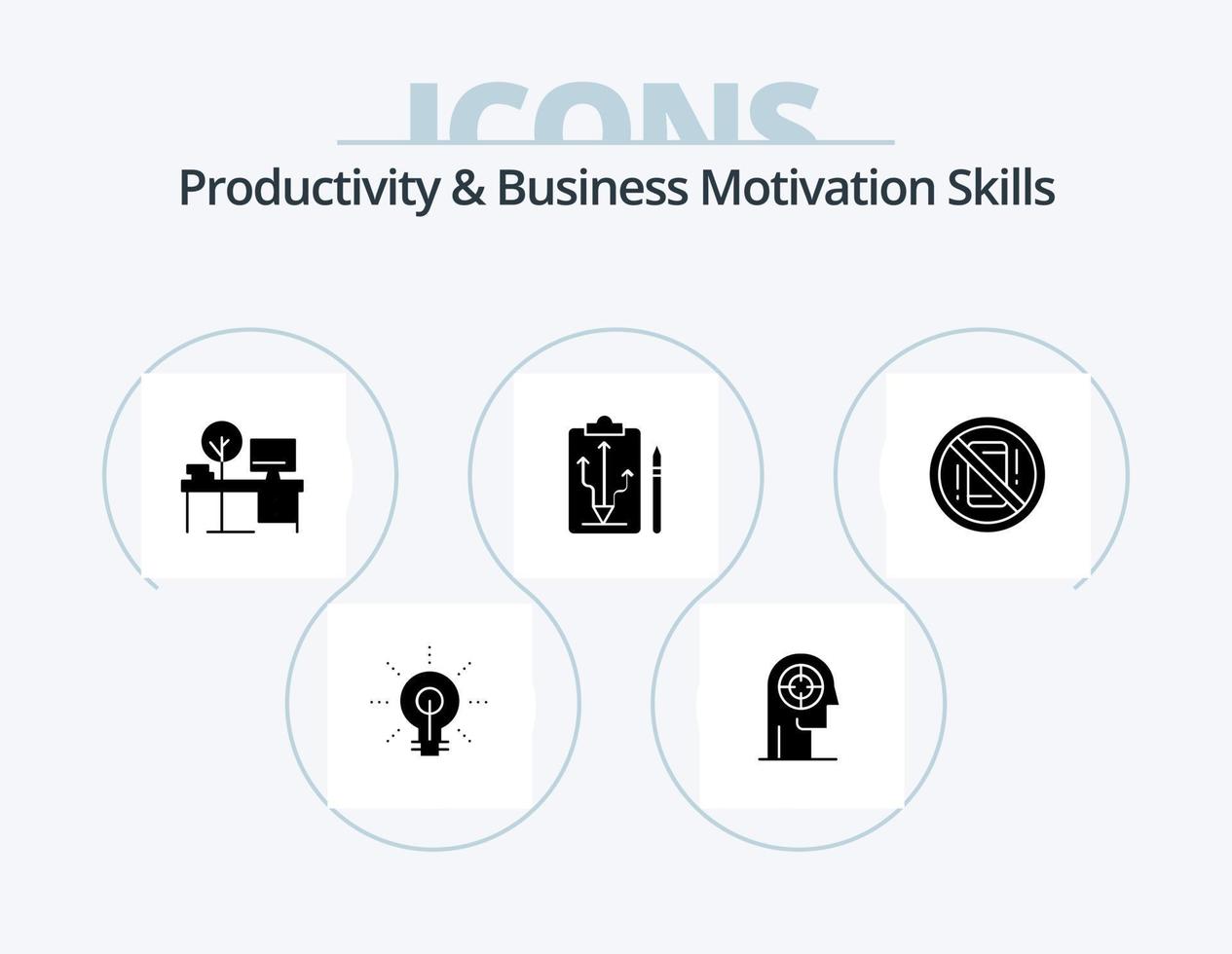 Productivity And Business Motivation Skills Glyph Icon Pack 5 Icon Design. strategy. head. head. table. office vector