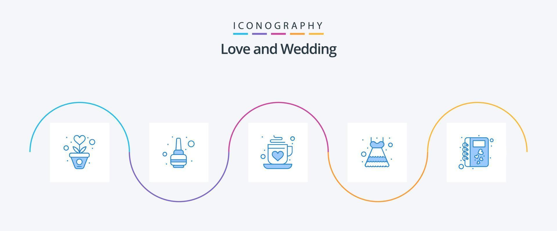 Paquete de 5 iconos de boda azul que incluye libro. cordón. polaco. vestido. enamorado vector