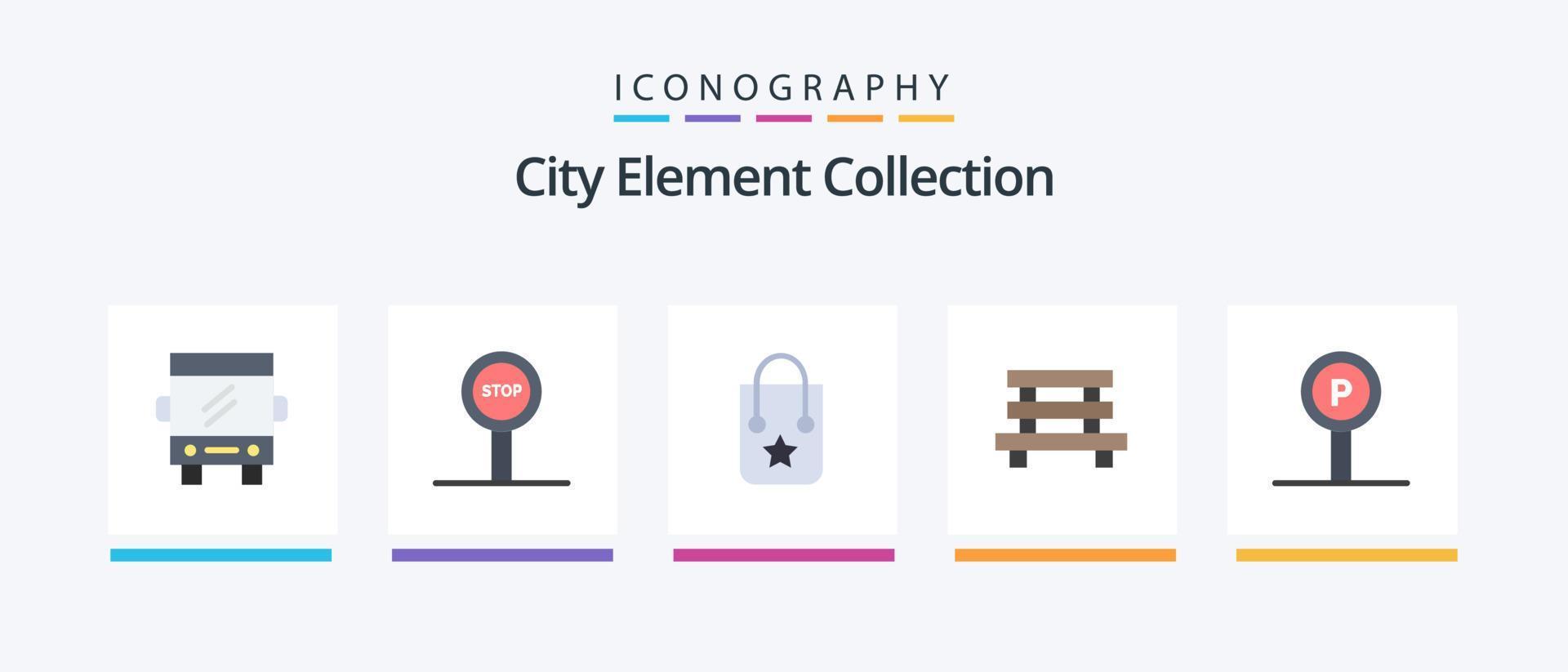 paquete de iconos flat 5 de colección de elementos de la ciudad que incluye estacionamiento. sesión. bolsa. jardín. ciudad. diseño de iconos creativos vector