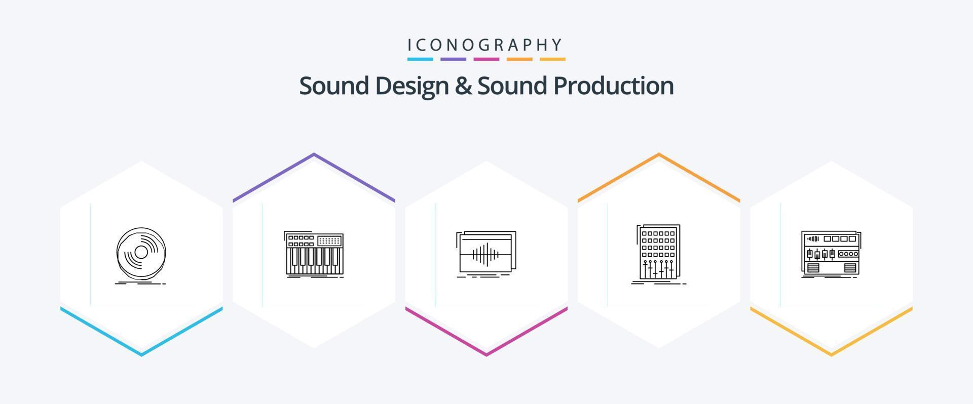 paquete de iconos de 25 líneas de diseño de sonido y producción de sonido que incluye mezcla. audio. sintetizador. ola. hercios vector