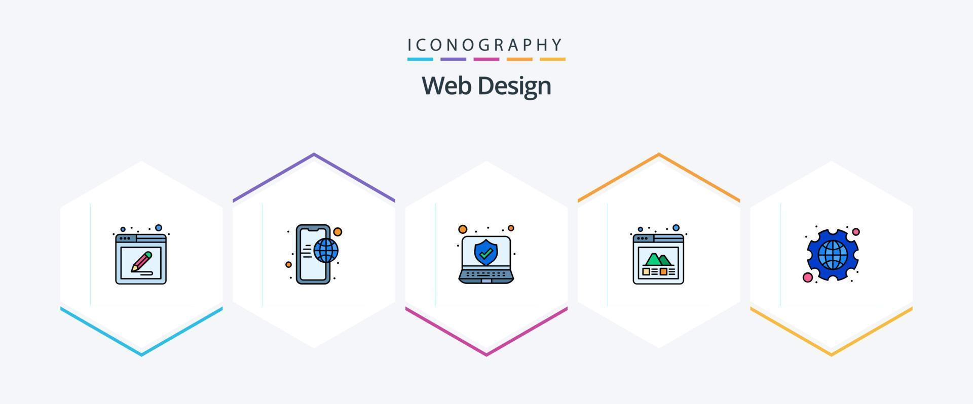 Web Design 25 FilledLine icon pack including gear. layout. mobile internet. web. gallery vector