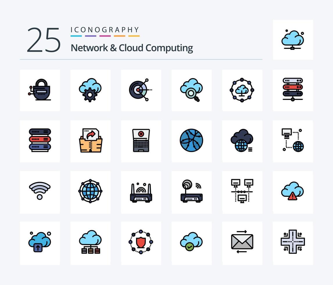 Network And Cloud Computing 25 Line Filled icon pack including computing. network. computing. cloud computing. research vector