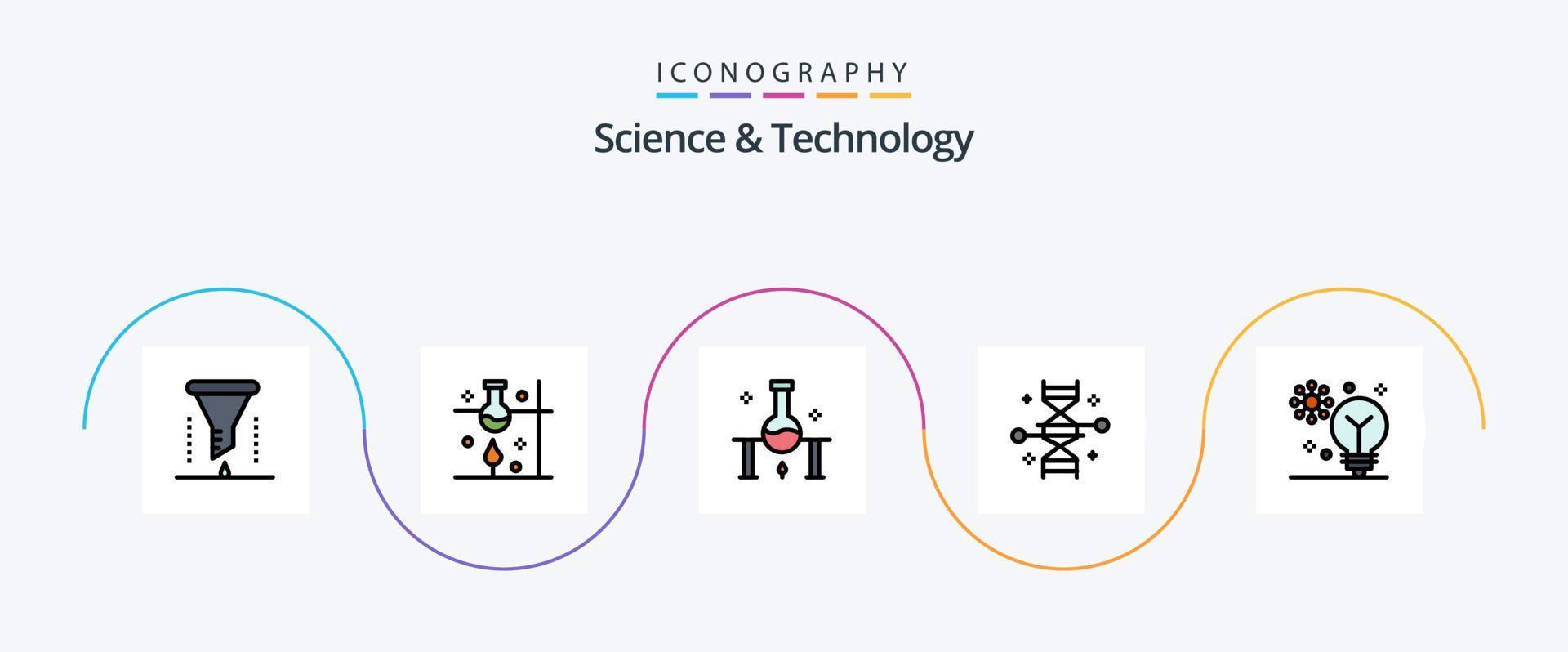 Science And Technology Line Filled Flat 5 Icon Pack Including deep learning. artificial intelligence. science experiment. genetic research. genetic engineering vector