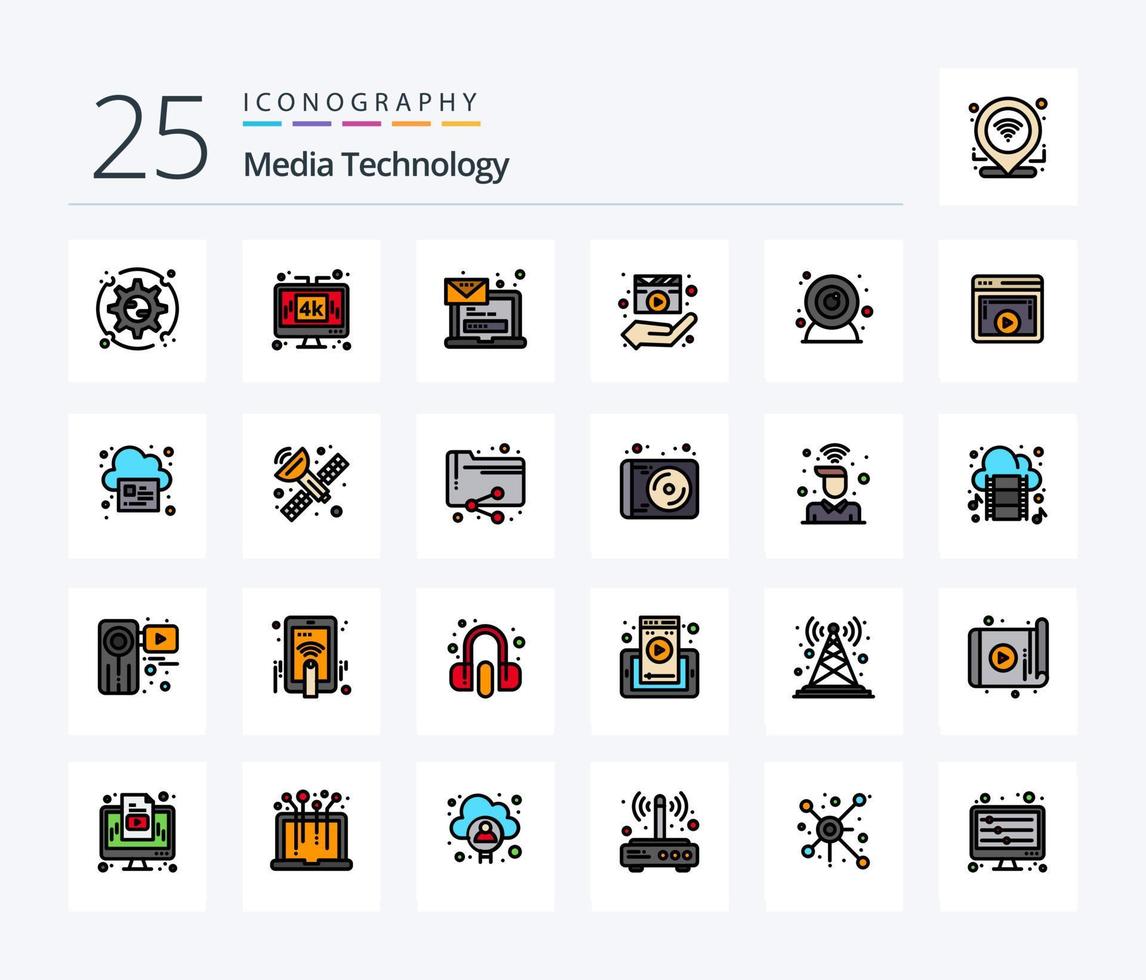 Media Technology 25 Line Filled icon pack including media player. film. lcd. director. message vector