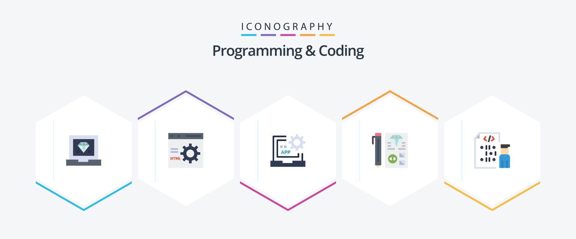 Programación y codificación de 25 paquetes de iconos planos, incluido el desarrollo. codificación. desarrollo. programación. desarrollar vector