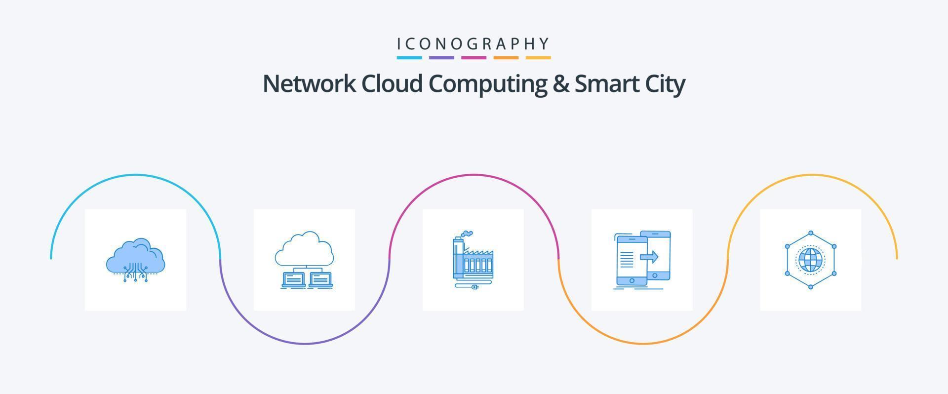 Network Cloud Computing And Smart City Blue 5 Icon Pack Including data. manufacturing. internet. factory. resource vector