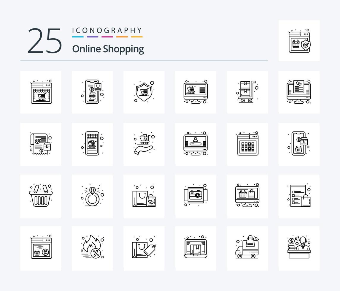 Online Shopping 25 Line icon pack including list. shop. buy. online. warranty vector