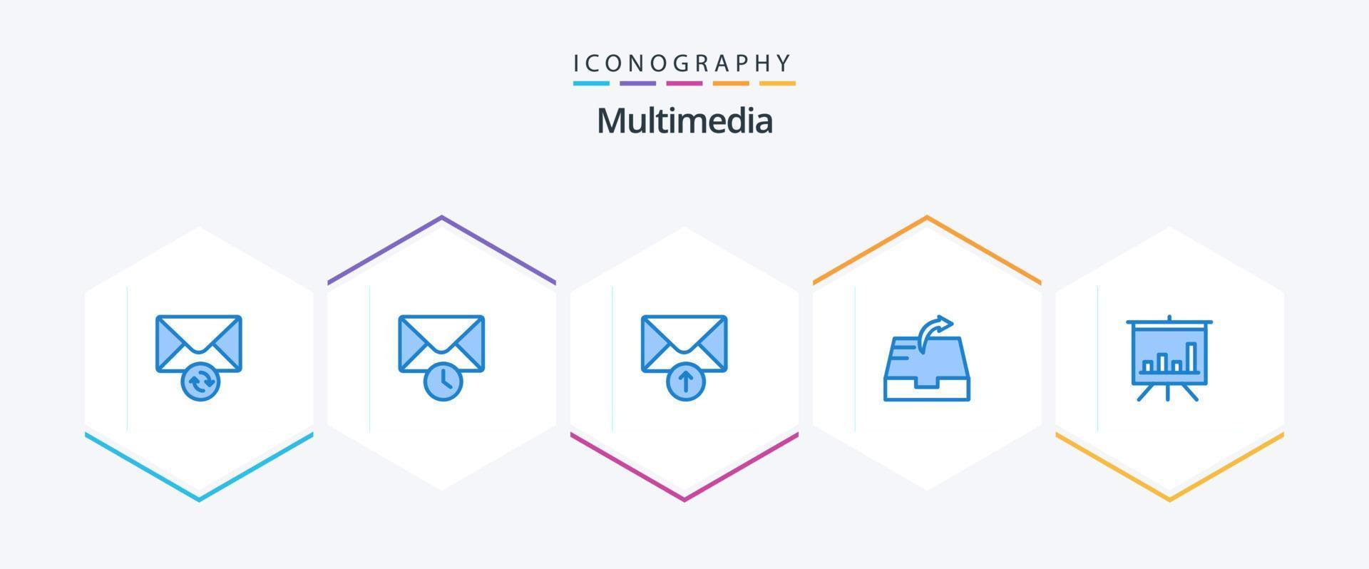 paquete multimedia de 25 íconos azules que incluye . . recibir. presentación. analítica vector