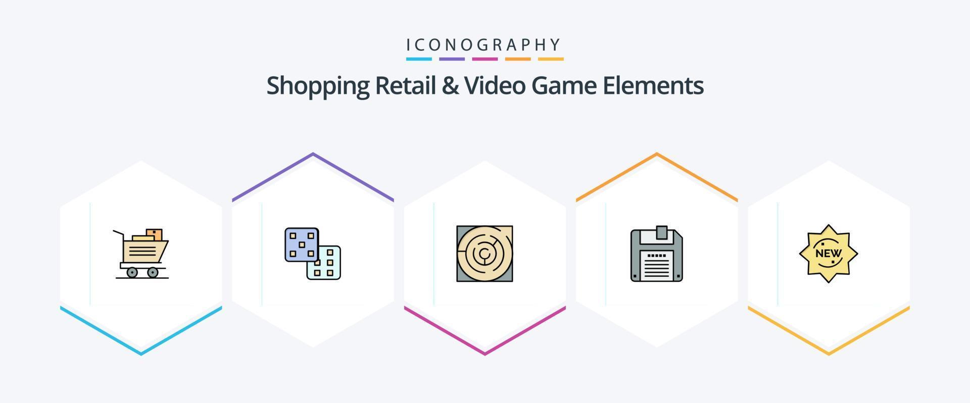 Shoping Retail And Video Game Elements 25 FilledLine icon pack including badge. product. labyrinth. new. diskette vector