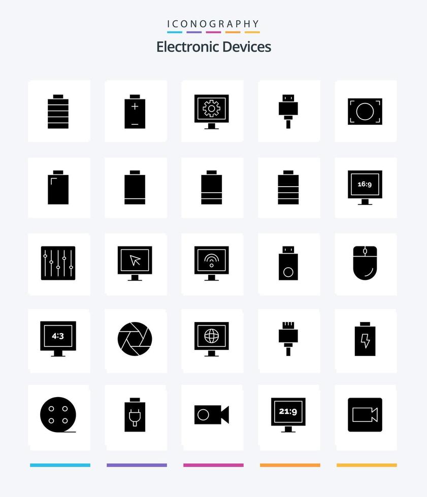 Paquete de iconos de 25 glifos negros sólidos de dispositivos creativos, como la relación de aspecto. eléctrico. archivo. batería. marco vector