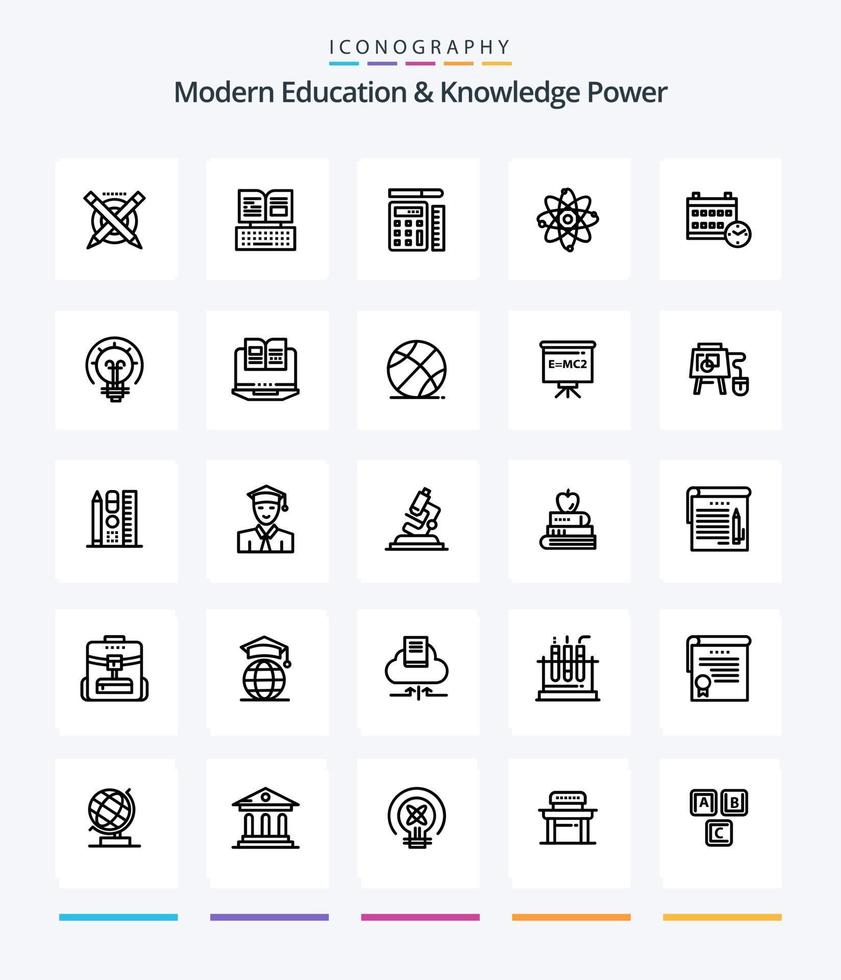 Creative Modern Education And Knowledge Power 25 OutLine icon pack  Such As day. laboratory. pen. molecule. atom vector