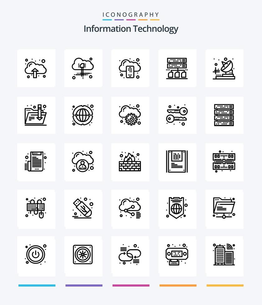 tecnología de información creativa 25 paquete de iconos de esquema como carpeta. transmisor. móvil. telecomunicación. gestión vector