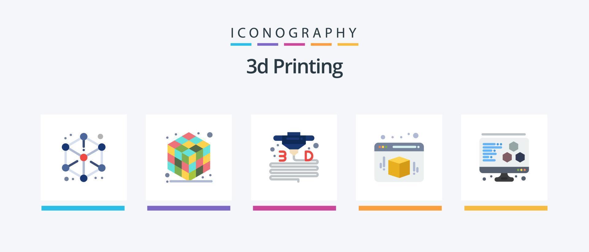 Paquete de 5 iconos planos de impresión 3d que incluye d. cubo. 3d. caja. impresora. diseño de iconos creativos vector