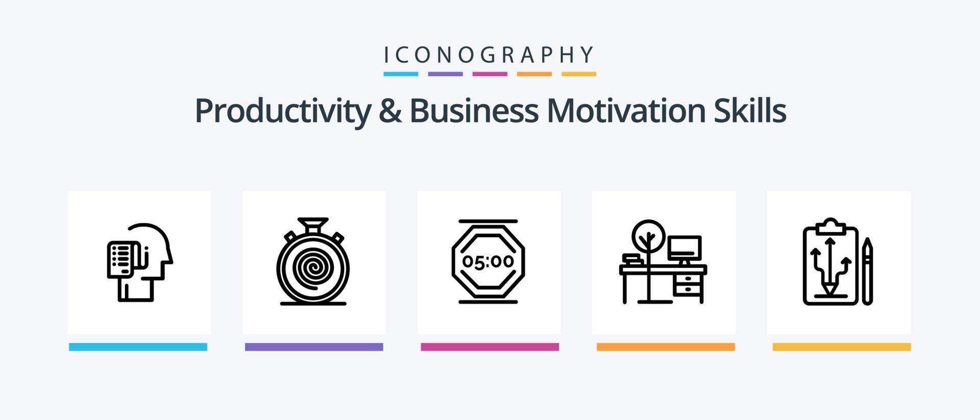 paquete de iconos de la línea 5 de habilidades de productividad y motivación empresarial que incluye problemas. a diario. medios de comunicación. mente. meditación. diseño de iconos creativos vector