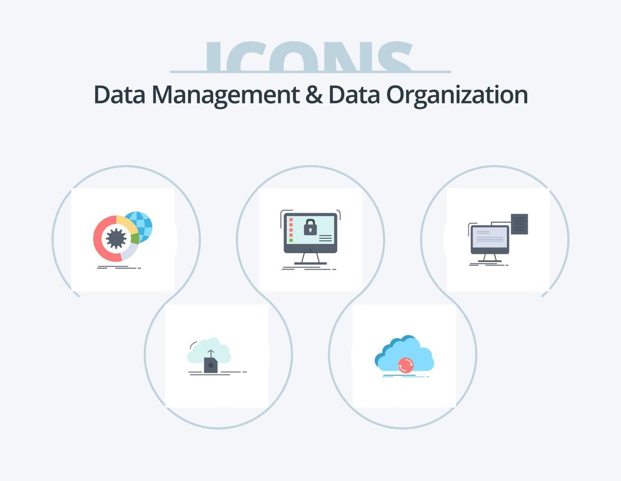 gestión de datos y organización de datos paquete de iconos planos 5 diseño de iconos. seguro. seguro. datos. servicios. análisis vector