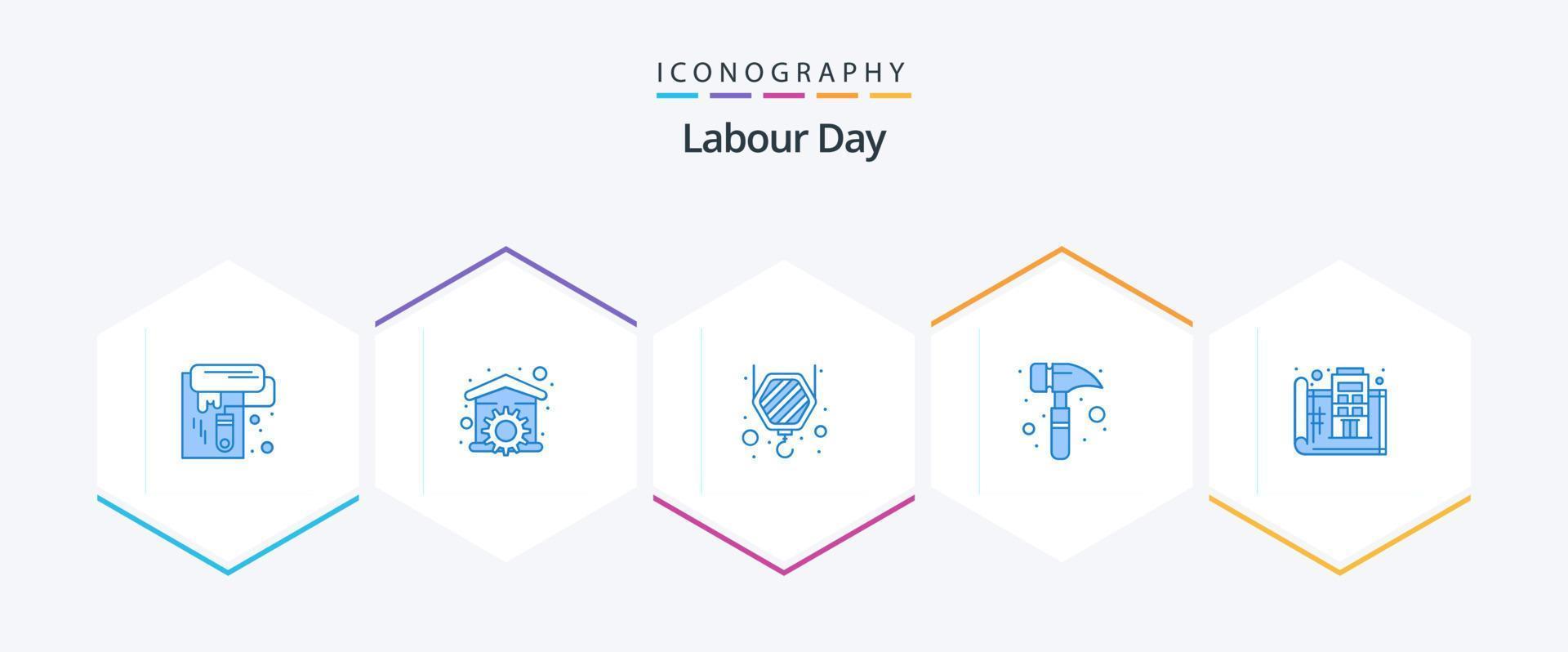 Labour Day 25 Blue icon pack including floor. blue print. wrench. watch kit. claw hammer vector