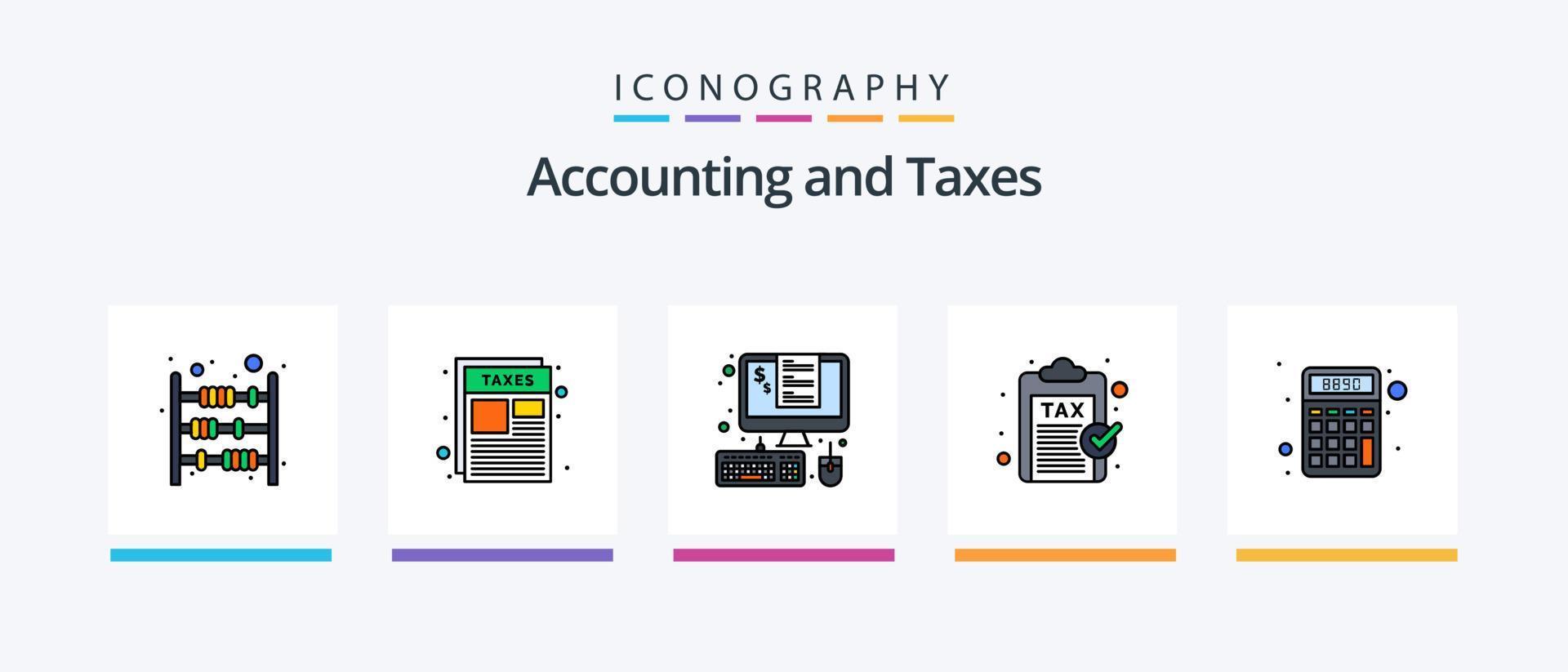 la línea de impuestos llenó el paquete de 5 íconos, incluido el financiero. documento. gobierno. factura. monitor. diseño de iconos creativos vector