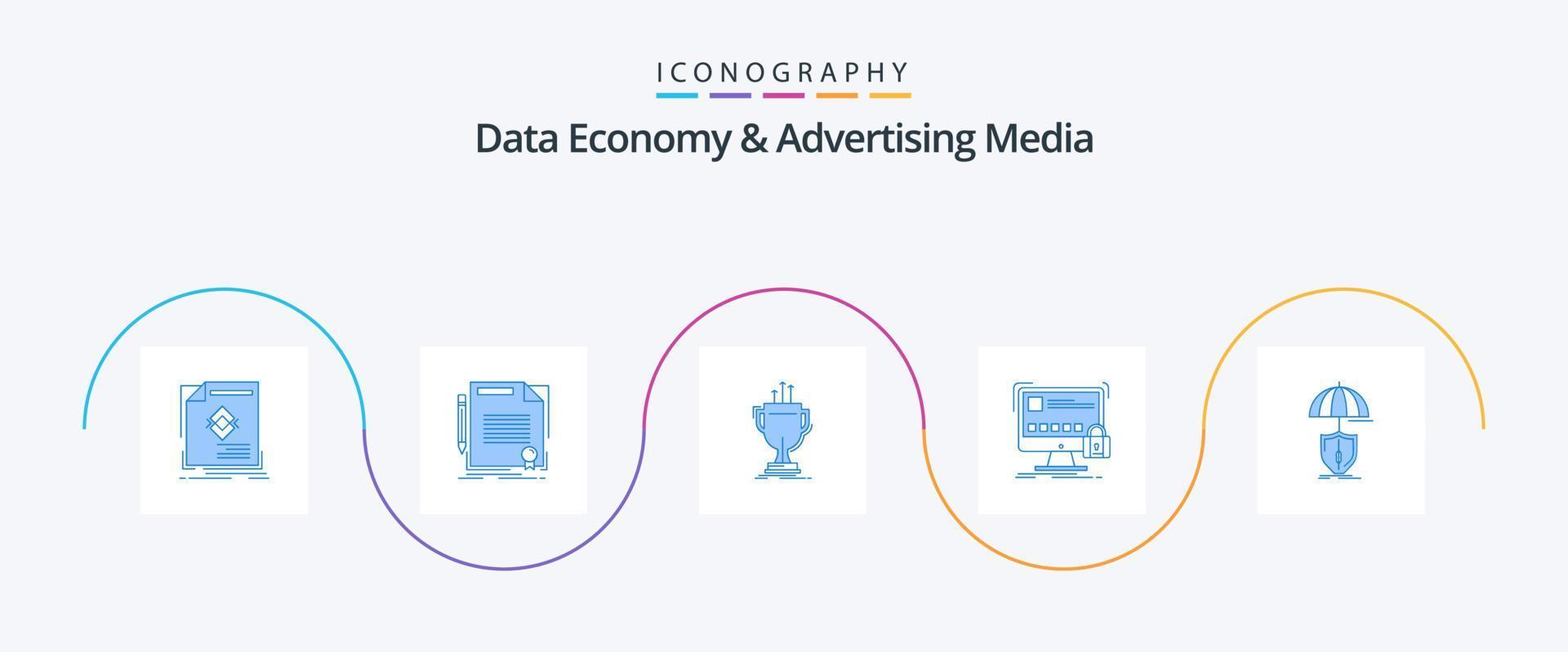 Data Economy And Advertising Media Blue 5 Icon Pack Including lock. protect. document. prize. cup vector