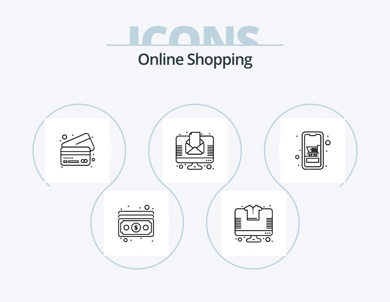 línea de compras en línea paquete de iconos 5 diseño de iconos. dinero en efectivo. Boletin informativo. noticias. puerta vector