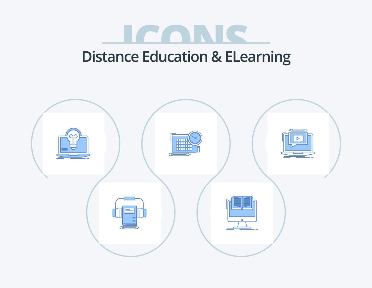 Distance Education And Elearning Blue Icon Pack 5 Icon Design. focus. file. book. time. screen vector