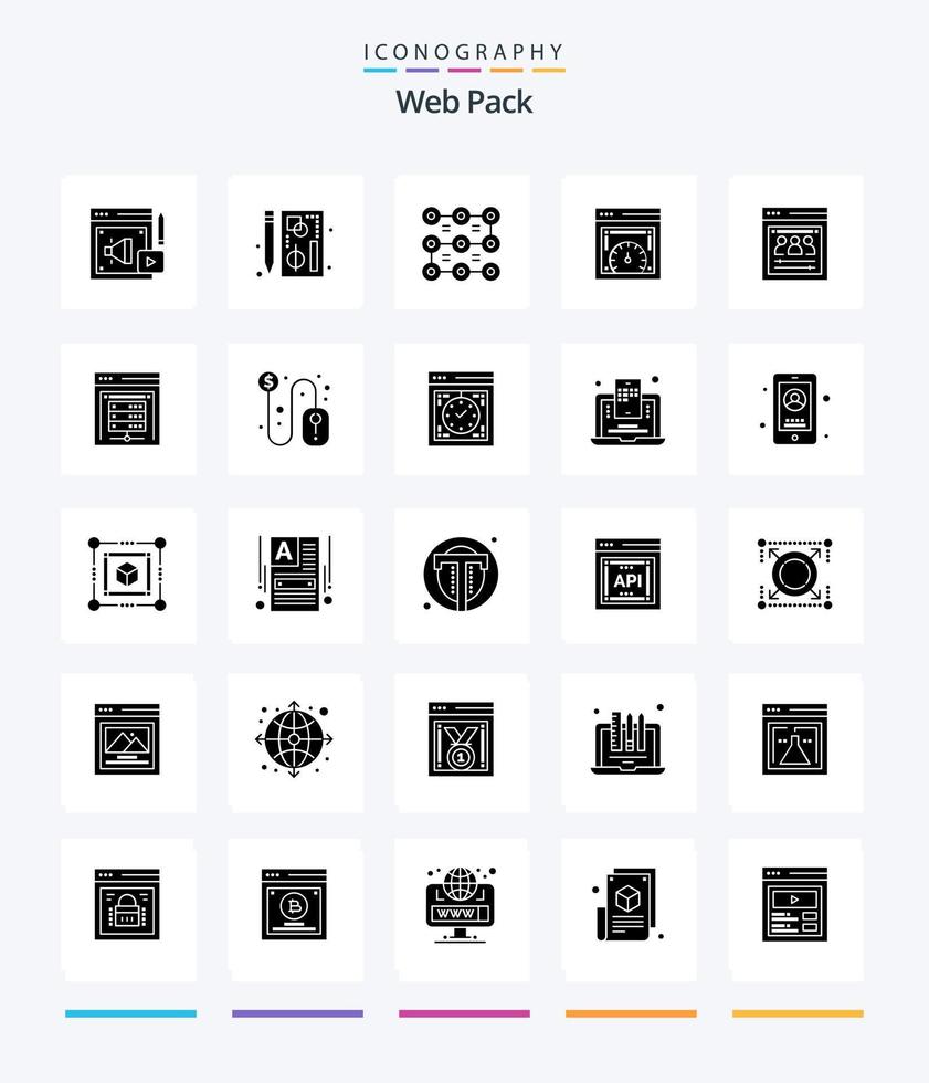 Creative Web Pack 25 Glyph Solid Black icon pack  Such As organization page. web speed. web. page speed test. security vector