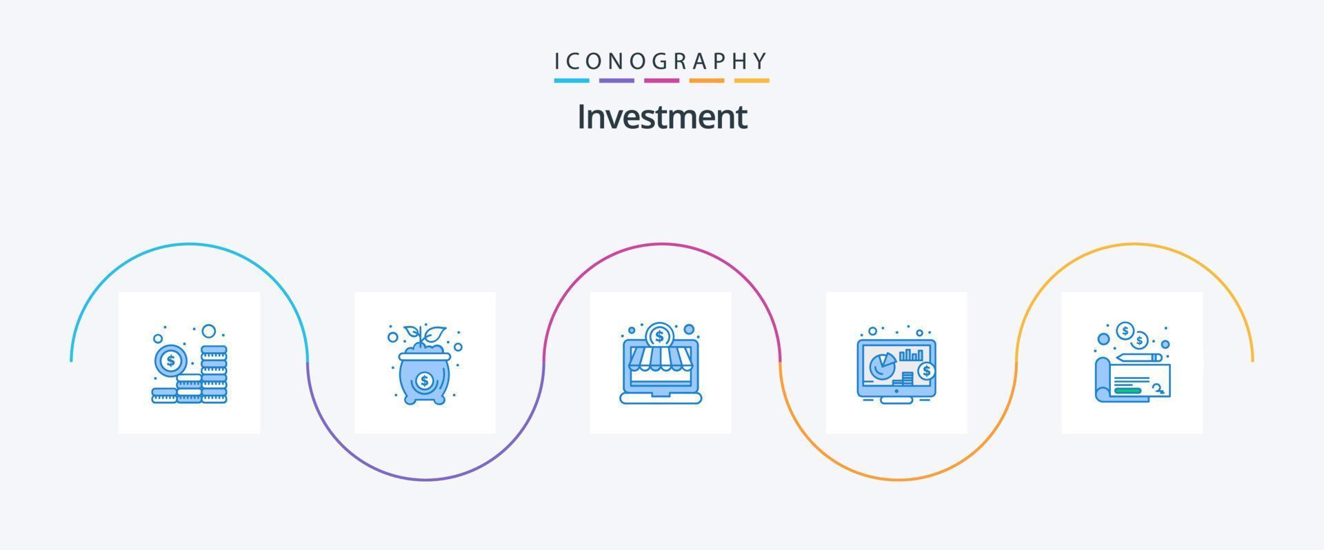 paquete de iconos de inversión azul 5 que incluye . dinero. Tienda online. cheque devolver vector