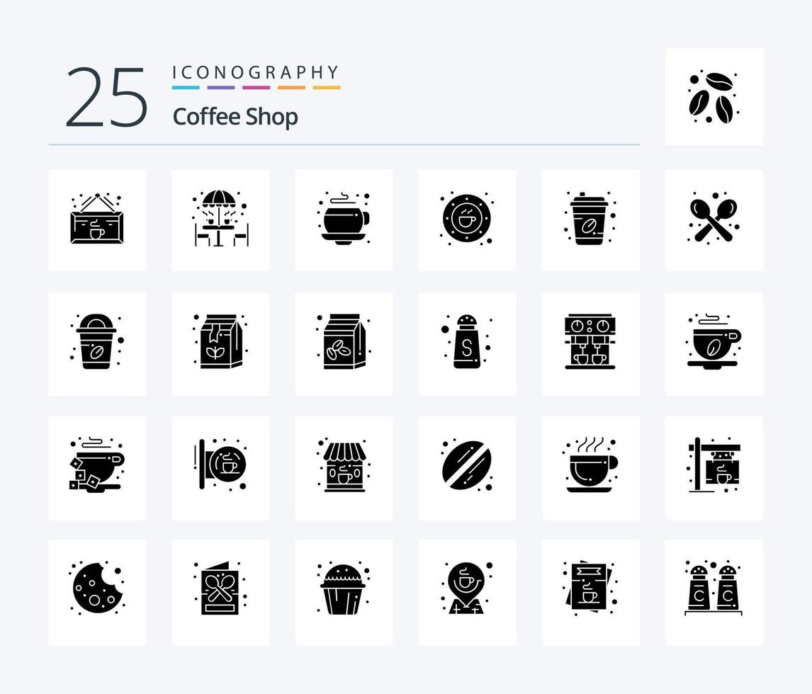 Coffee Shop 25 Solid Glyph icon pack including plate. coffee. table. cafe. espresso vector