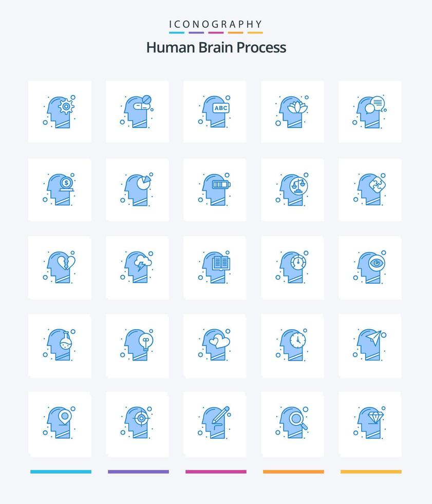 proceso creativo del cerebro humano 25 paquete de iconos azules como el loto. cabeza. medicamento. armonía. conocimiento vector